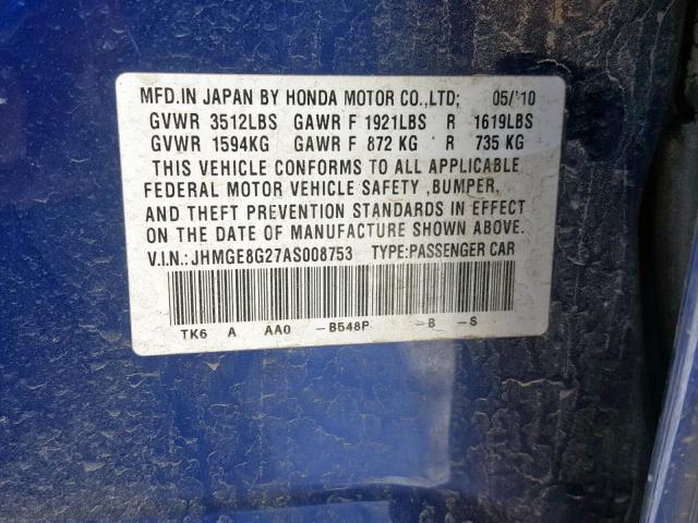 JHMGE8G27AS008753 - 2010 HONDA FIT BLUE photo 10