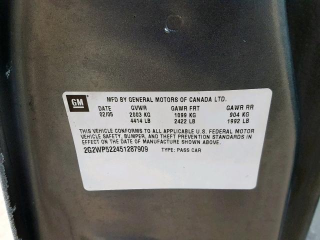 2G2WP522451287909 - 2005 PONTIAC GRAND PRIX GRAY photo 10