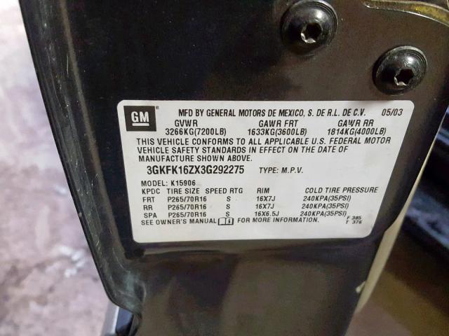 3GKFK16ZX3G292275 - 2003 GMC YUKON XL K GRAY photo 10