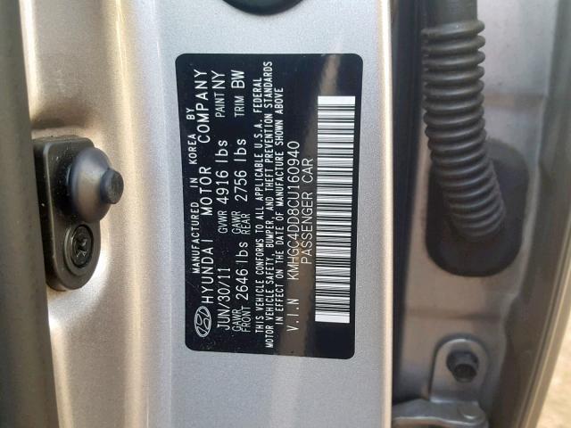 KMHGC4DD8CU160940 - 2012 HYUNDAI GENESIS 3. SILVER photo 10