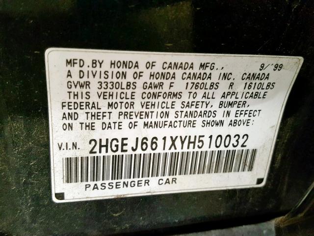 2HGEJ661XYH510032 - 2000 HONDA CIVIC BASE GREEN photo 10