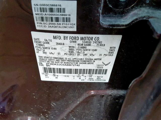 2FMDK3JC0ABB72742 - 2010 FORD EDGE SEL BROWN photo 10