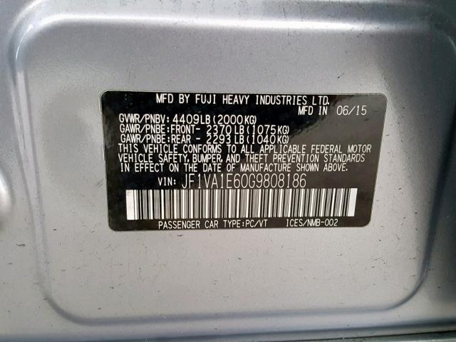 JF1VA1E60G9808186 - 2016 SUBARU WRX PREMIU SILVER photo 10