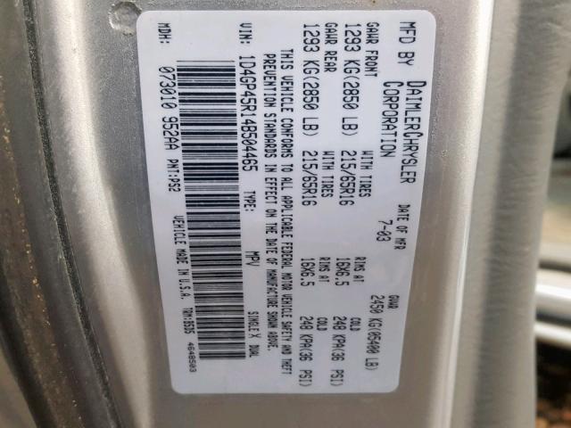 1D4GP45R14B504465 - 2004 DODGE CARAVAN SX SILVER photo 10