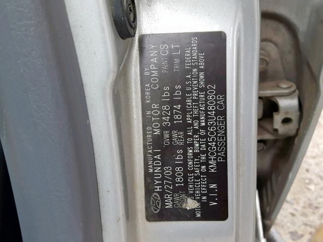 KMHCG45C63U480802 - 2003 HYUNDAI ACCENT GL SILVER photo 10