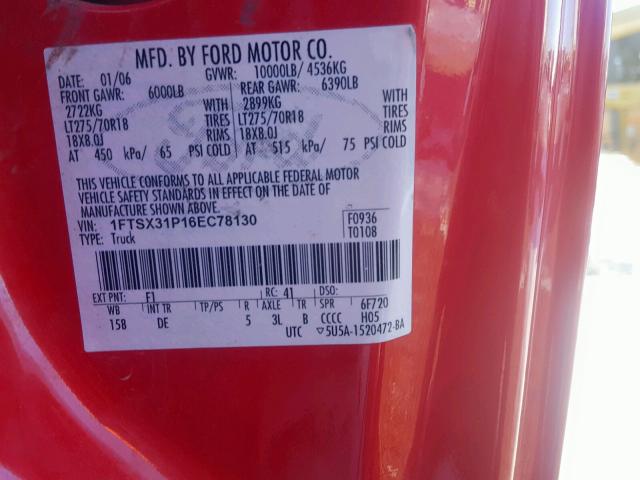 1FTSX31P16EC78130 - 2006 FORD F350 SRW S RED photo 10