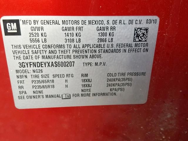 3GYFNDEYXAS600207 - 2010 CADILLAC SRX LUXURY RED photo 10