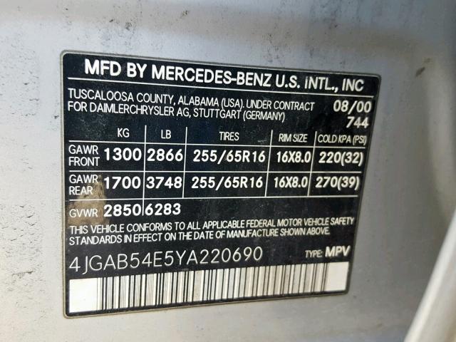 4JGAB54E5YA220690 - 2000 MERCEDES-BENZ ML 320 SILVER photo 10