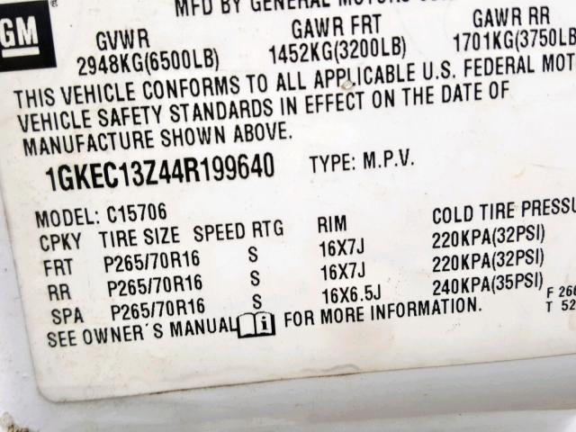 1GKEC13Z44R199640 - 2004 GMC YUKON WHITE photo 10