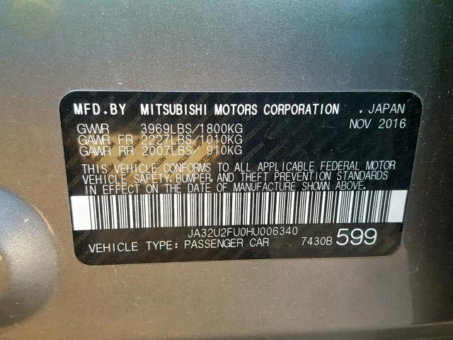 JA32U2FU0HU006340 - 2017 MITSUBISHI LANCER ES GRAY photo 10