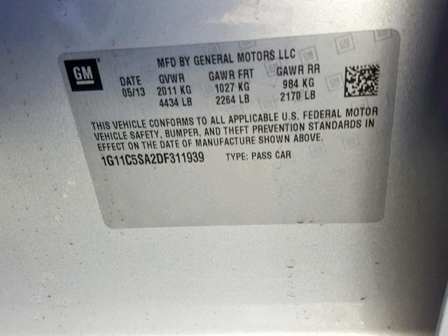 1G11C5SA2DF311939 - 2013 CHEVROLET MALIBU 1LT SILVER photo 10