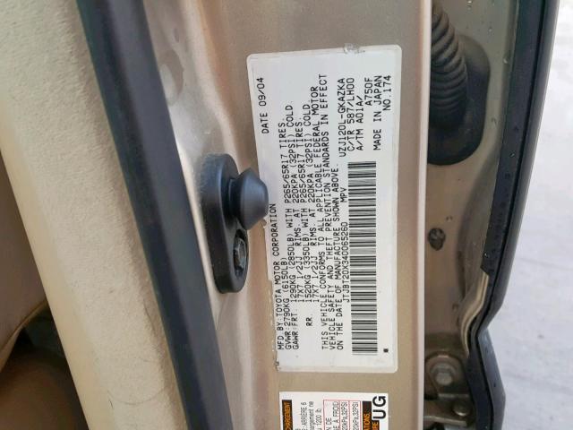 JTJBT20X340065260 - 2004 LEXUS GX 470 GOLD photo 10