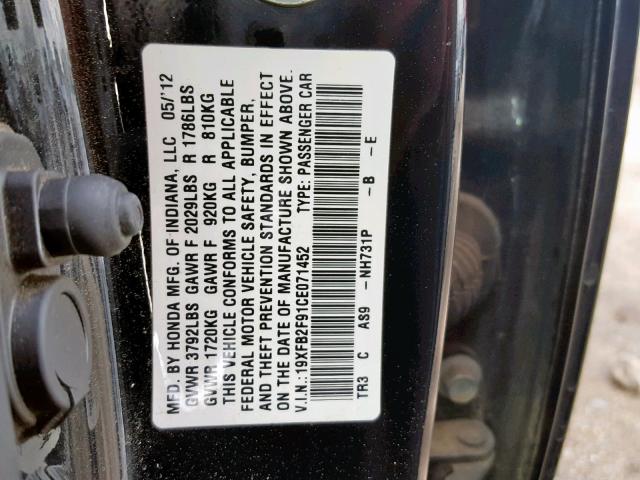 19XFB2F91CE071452 - 2012 HONDA CIVIC EXL BLACK photo 10