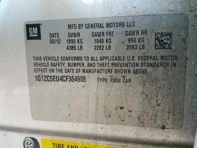 1G1ZC5EU4CF364908 - 2012 CHEVROLET MALIBU 1LT SILVER photo 10