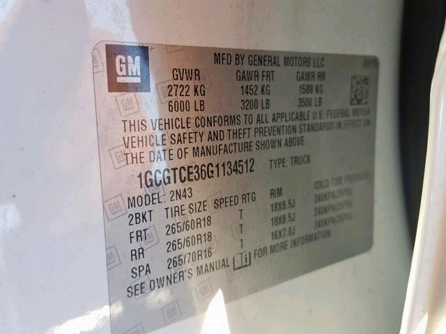 1GCGTCE36G1134512 - 2016 CHEVROLET COLORADO L WHITE photo 10