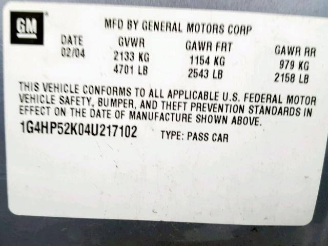 1G4HP52K04U217102 - 2004 BUICK LESABRE CU SILVER photo 10