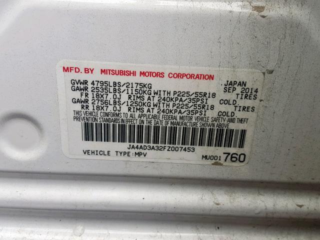 JA4AD3A32FZ007453 - 2015 MITSUBISHI OUTLANDER WHITE photo 10