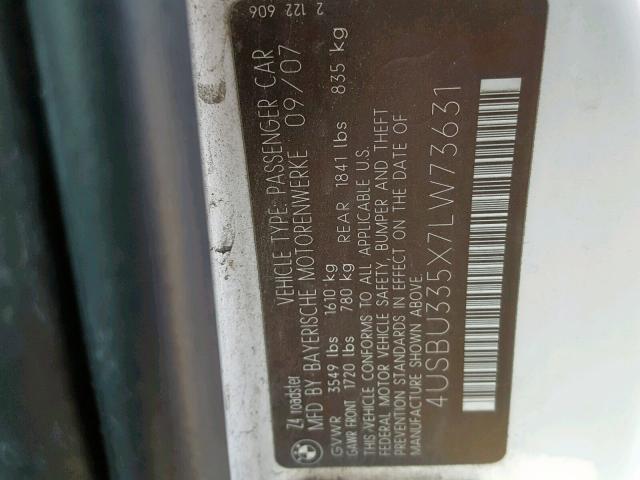 4USBU335X7LW73631 - 2007 BMW Z4 3.0 WHITE photo 10