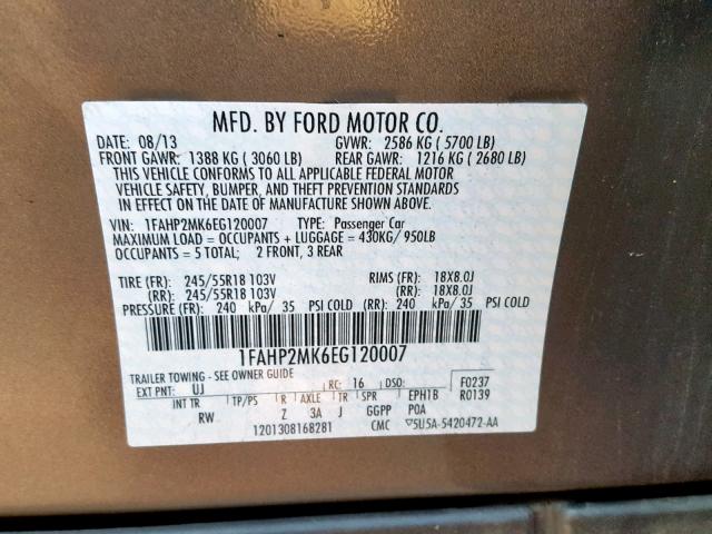 1FAHP2MK6EG120007 - 2014 FORD TAURUS POL GRAY photo 10