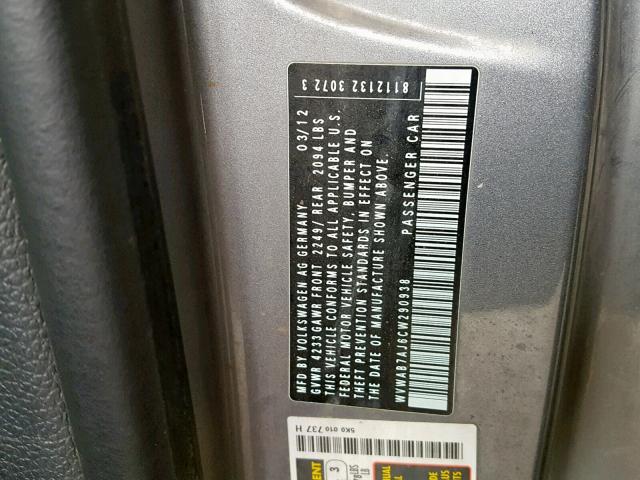 WVWAB7AJ6CW290938 - 2012 VOLKSWAGEN GOLF 灰色 照片 10