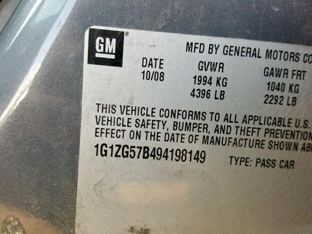 1G1ZG57B494198149 - 2009 CHEVROLET MALIBU LS Gris foto 10
