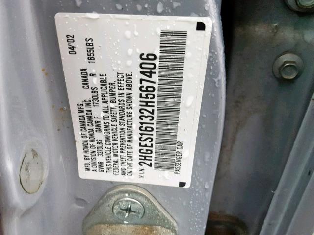 2HGES16132H567406 - 2002 HONDA CIVIC DX SILVER photo 10