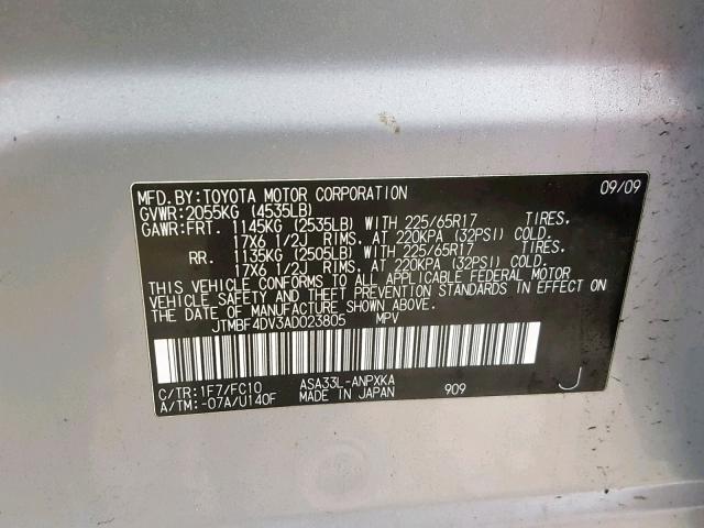 JTMBF4DV3AD023805 - 2010 TOYOTA RAV4 SILVER photo 10