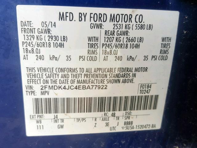 2FMDK4JC4EBA77922 - 2014 FORD EDGE SEL BLUE photo 10