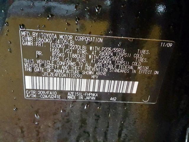 JTLZE4FE0A1112090 - 2010 TOYOTA SCION XB BLACK photo 10