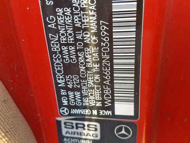 WDBFA66E2NF036997 - 1992 MERCEDES-BENZ 500 SL RED photo 10