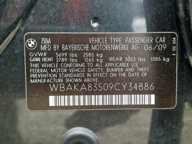 WBAKA83509CY34886 - 2009 BMW 750 I BLACK photo 10