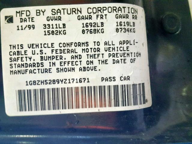 1G8ZH5289YZ171671 - 2000 SATURN SL1 BLUE photo 10