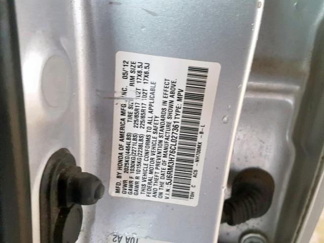 5J6RM3H76CL027361 - 2012 HONDA CR-V EXL SILVER photo 10