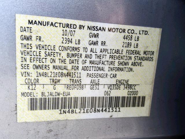 1N4BL21E08N441511 - 2008 NISSAN ALTIMA 3.5 SILVER photo 10