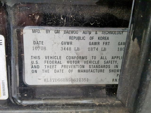 KL1TD66E89B612351 - 2009 CHEVROLET AVEO LS BLACK photo 10