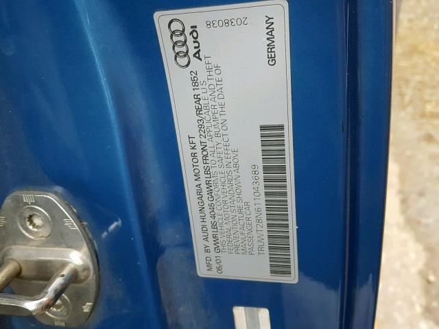 TRUWT28N611043689 - 2001 AUDI TT QUATTRO BLUE photo 10