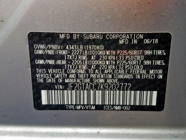 JF2GTACC7K9202772 - 2019 SUBARU CROSSTREK SILVER photo 10