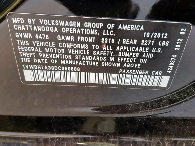 1VWBH7A39DC050688 - 2013 VOLKSWAGEN PASSAT SE BLACK photo 10