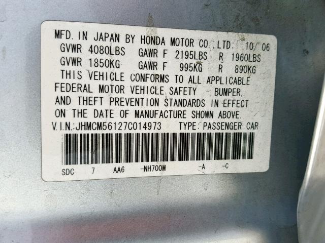 JHMCM56127C014973 - 2007 HONDA ACCORD VAL SILVER photo 10