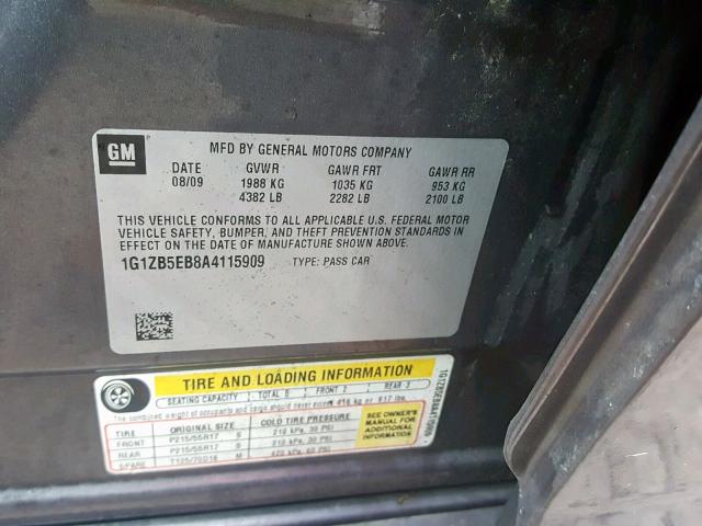 1G1ZB5EB8A4115909 - 2010 CHEVROLET MALIBU LS Boz foto 10