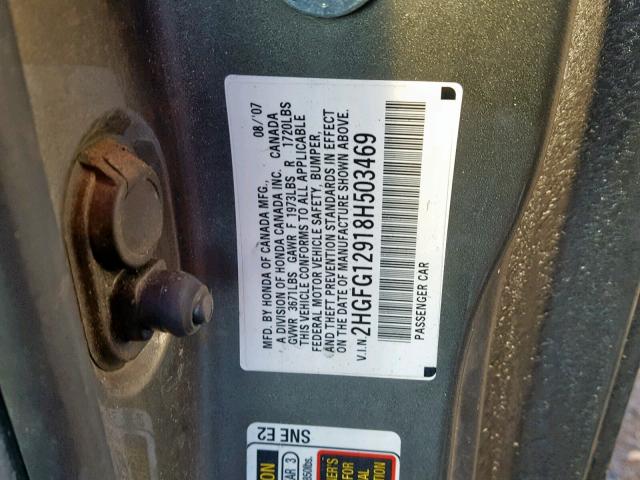 2HGFG12918H503469 - 2008 HONDA CIVIC EXL GRAY photo 10