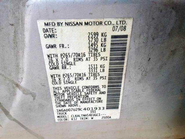 1N6AD07U29C401933 - 2009 NISSAN FRONTIER C GRAY photo 10