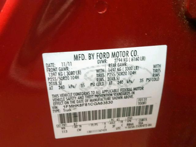 1FMHK8F81CGA63530 - 2012 FORD EXPLORER L RED photo 10