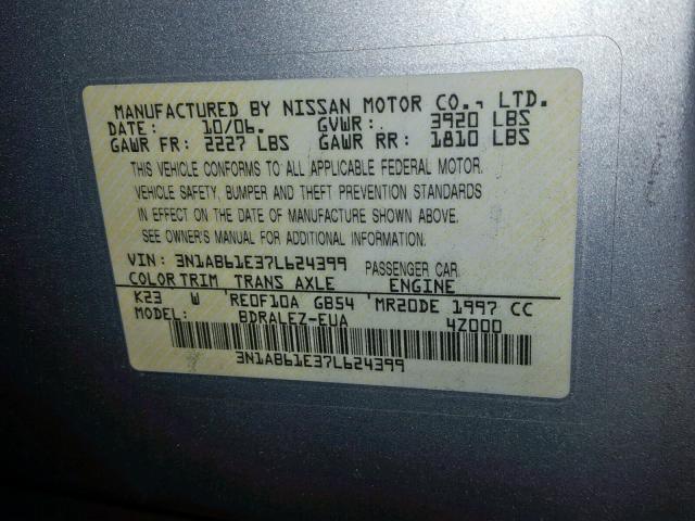 3N1AB61E37L624399 - 2007 NISSAN SENTRA 2.0 SILVER photo 10