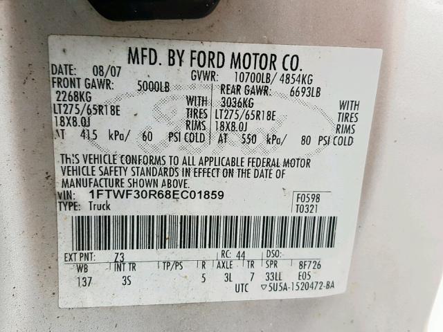 1FTWF30R68EC01859 - 2008 FORD F350 SRW S SILVER photo 10