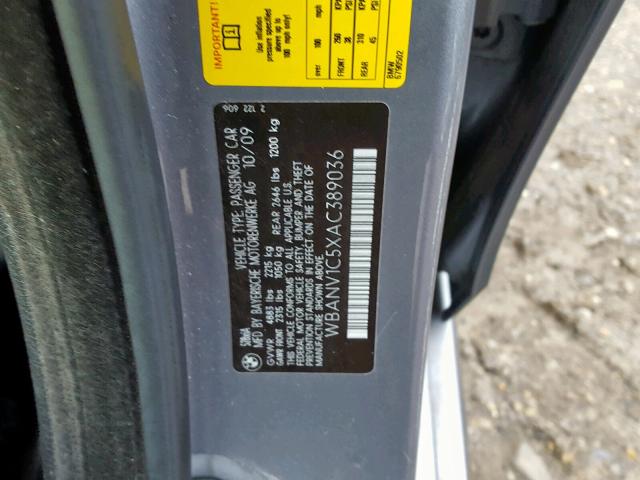 WBANV1C5XAC389036 - 2010 BMW 528 XI GRAY photo 10