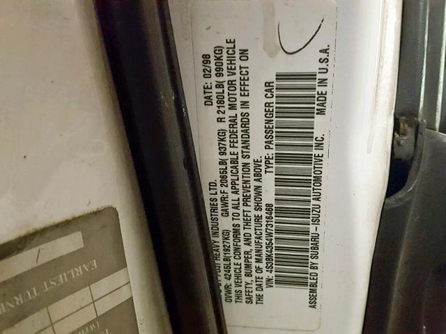 4S3BK4354W7316468 - 1998 SUBARU LEGACY L WHITE photo 10