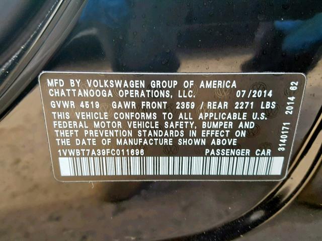 1VWBT7A39FC011696 - 2015 VOLKSWAGEN PASSAT SE BLACK photo 10