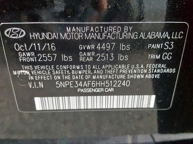 5NPE34AF6HH512240 - 2017 HYUNDAI SONATA SPO BLACK photo 10