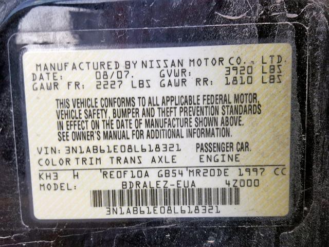 3N1AB61E08L618321 - 2008 NISSAN SENTRA 2.0 BLACK photo 10